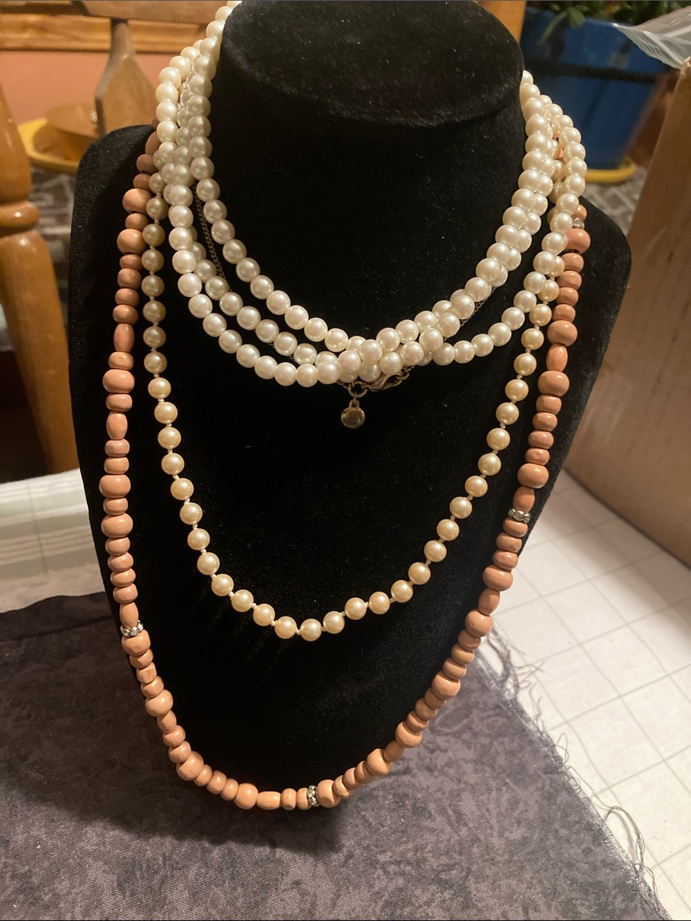3 Classic White Cream & Tan Beaded Layered Necklaces